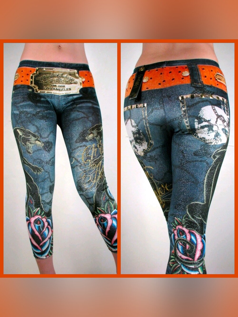 💀RARE Christian Audigier💀 - Blue/Multi Velour Low Rise Legging/Jegging
